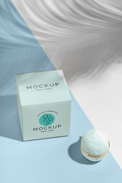 Free Blue Bath Bomb And Box Mock-Up High Angle Psd