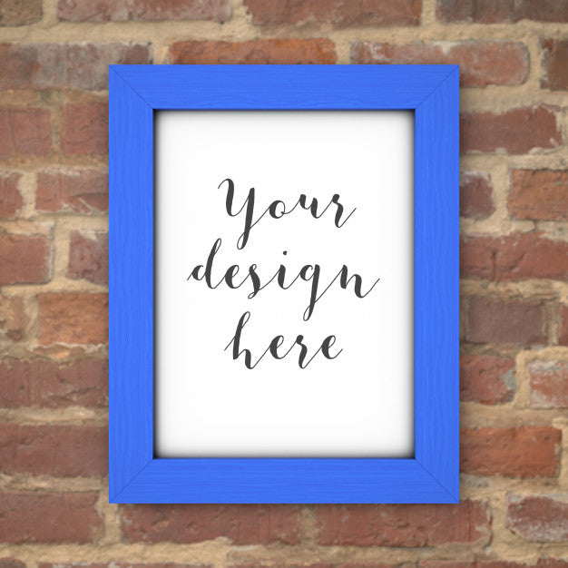 Free Blue Frame Mockup On Bricks Wall Psd