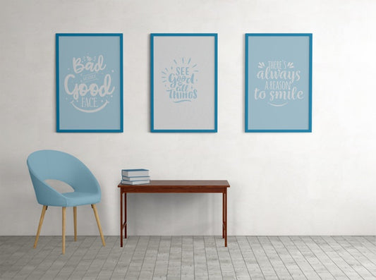 Free Blue Framed Posters With Minimalistic Decorations Psd