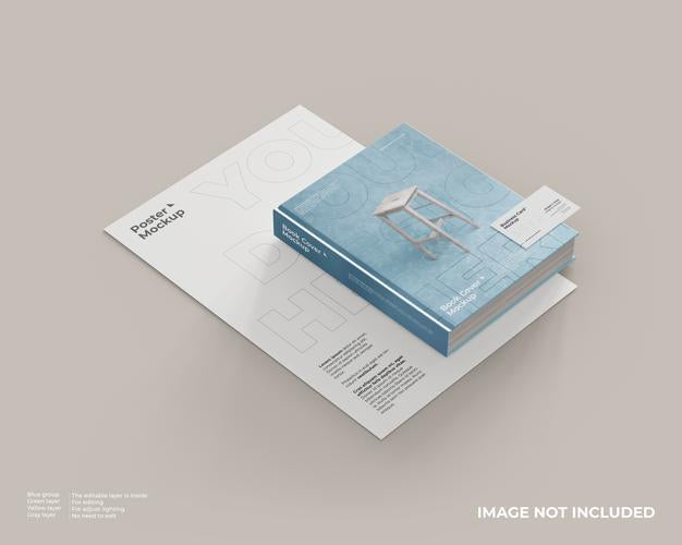 Free Book Cover Mockup With Poster Below And Business Card Above The Book Psd