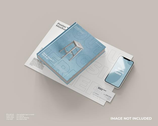 Free Book Cover With Poster, Business Card And Smartphone Mockup Psd