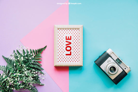 Free Botanical Mockup With Frame And Camera Psd