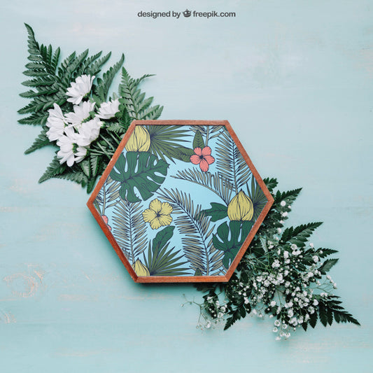 Free Botanical Mockup With Hexagonal Frame On Big Leaves Psd