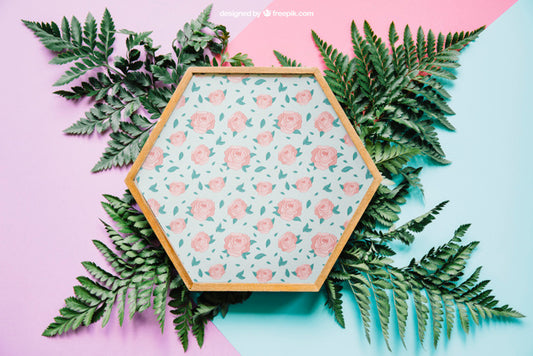 Free Botanical Mockup With Hexagonal Frame On Leaves Psd