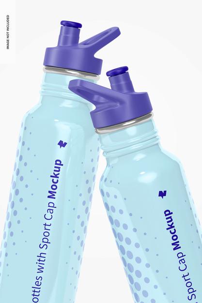 Free Bottles With Sport Cap Mockup, Close Up Psd