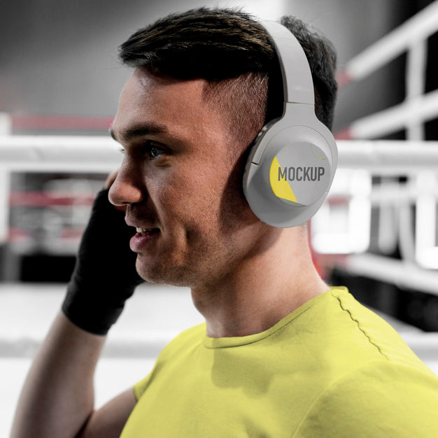 Free Boxing Athlete Wearing A Mock-Up Headset Psd