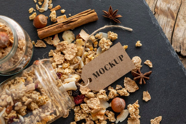 Free Breakfast Cereals Composition With Tag Mock-Up Psd