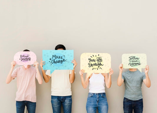 Free Bunch Of Friends Posing With Placards Psd