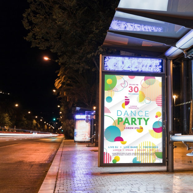 Free Bus Stop Billboard Mockup In City At Night Psd