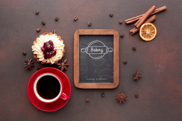 Free Cake With Cinnamon Black Coffee And Blackboard Mockup Psd