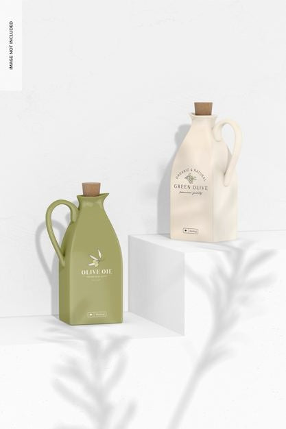 Free Ceramic Oil Bottles Mockup, On Podiums Psd