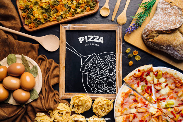 Free Chalkboard Mockup With Pizza Design Psd