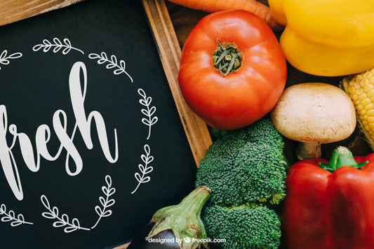 Free Chalkboard Mockup With Vegetable Designs Psd