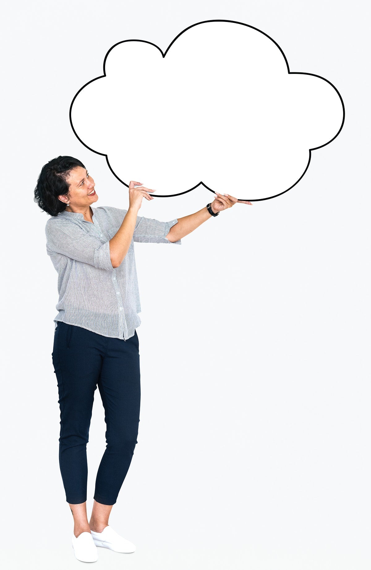 Free Cheerful Woman Showing A Blank White Cloud