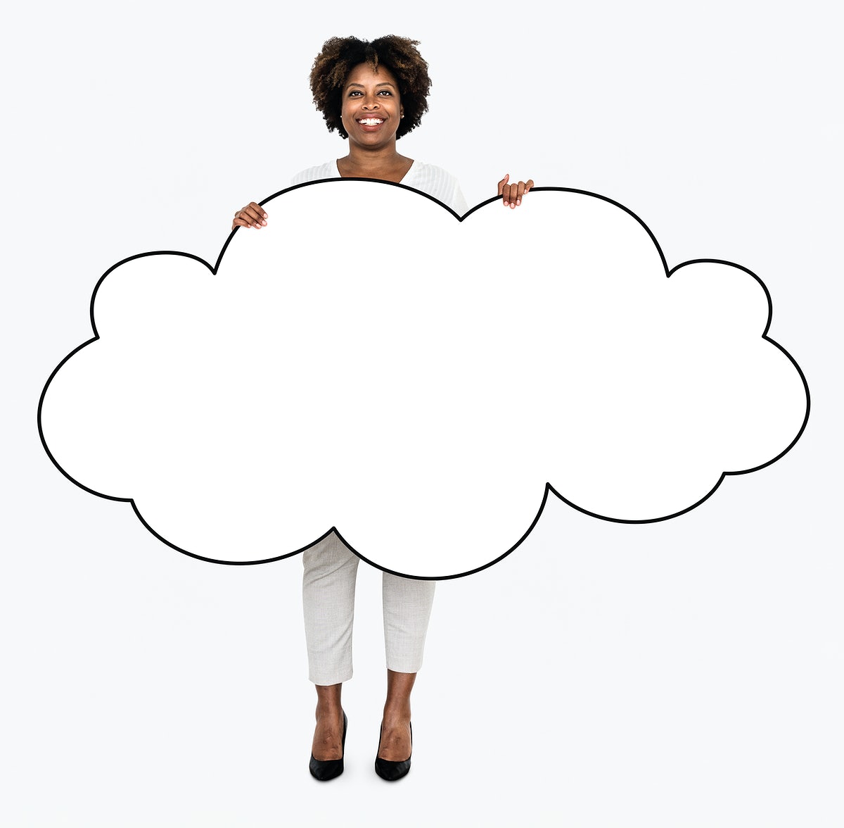 Free Cheerful Woman Showing A Blank White Cloud