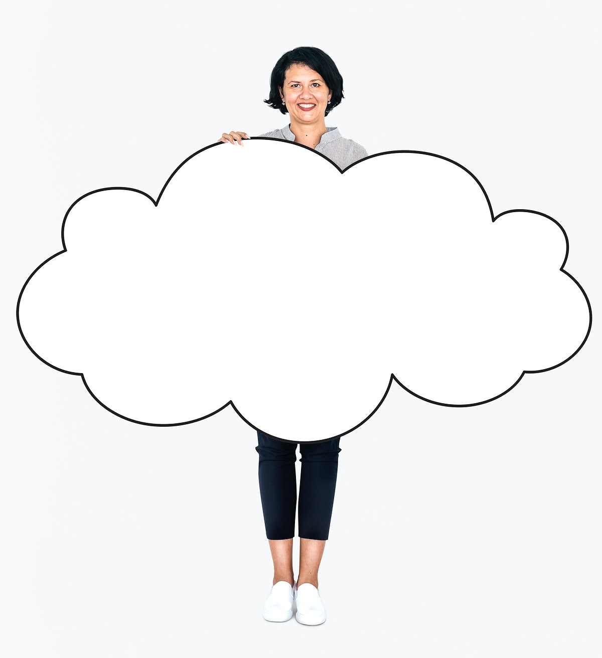 Free Cheerful Woman Showing A Blank White Cloud