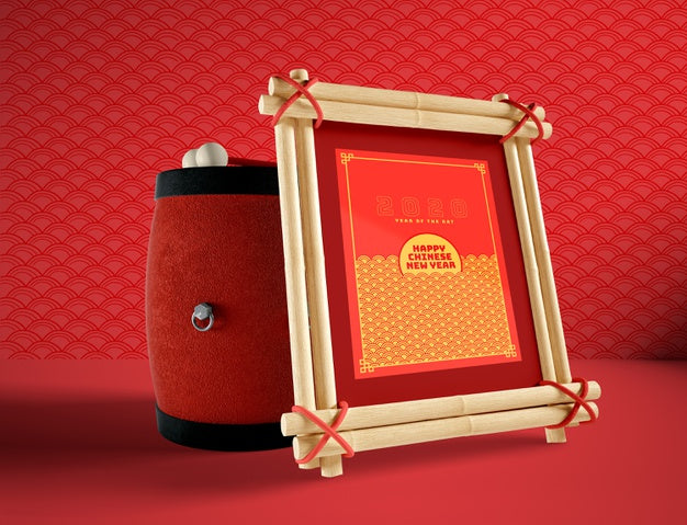 Free Chinese New Year Illustration With Drum And Frame Mock-Up Psd