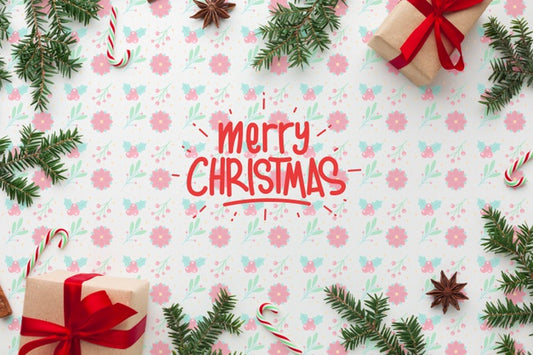Free Christmas Gift Boxes On Floral Background Top View Psd