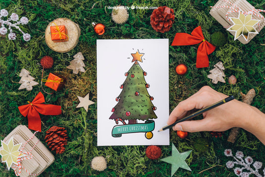 Free Christmas Mockup With Hand Painting Psd