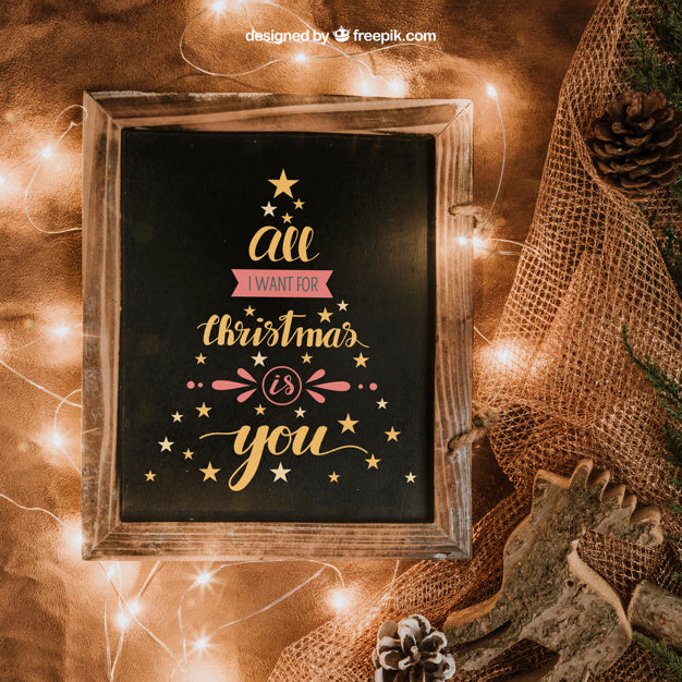 Free Christmas Mockup With Slate And Lights Psd