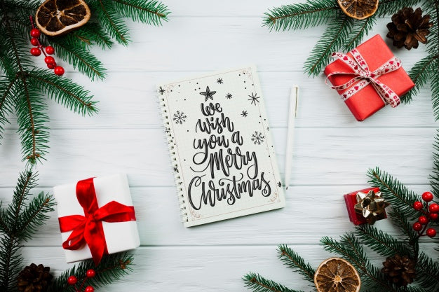 Free Christmas Mockup With Spiral Notepad Psd