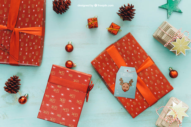 Free Christmas Mockup With Three Presents Psd