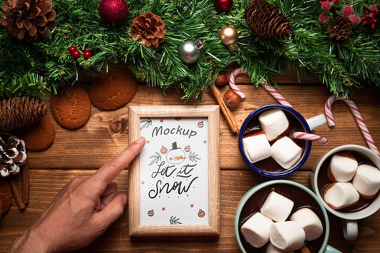 Free Christmas Pine Ornament And Hot Chocolateswith Frame Mock-Up Psd