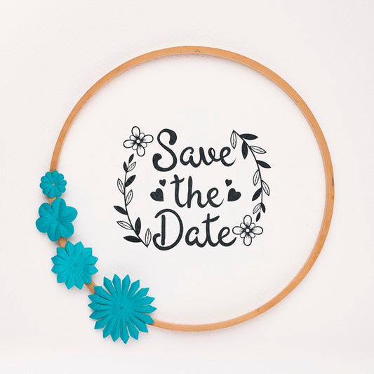 Free Circular Frame With Blue Flowers Save The Date Mock-Up Psd