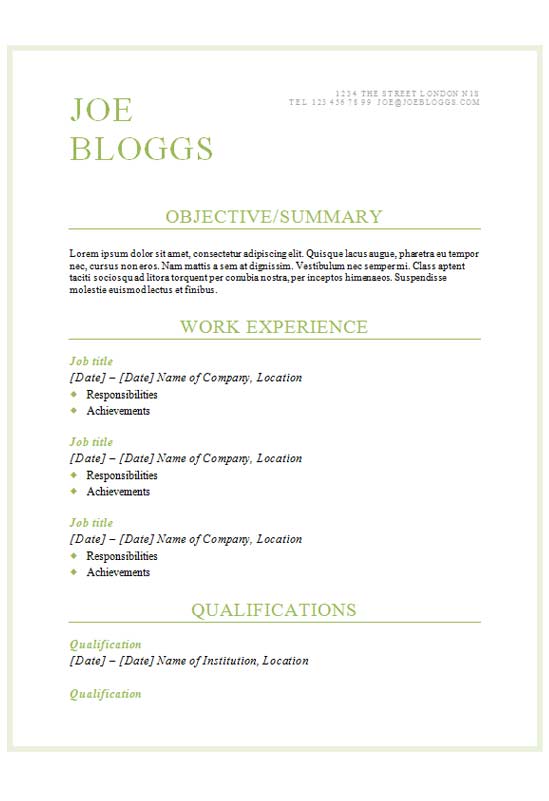 Free Classic Green Text Only CV Resume Template in Microsoft Word (DOCX) Format