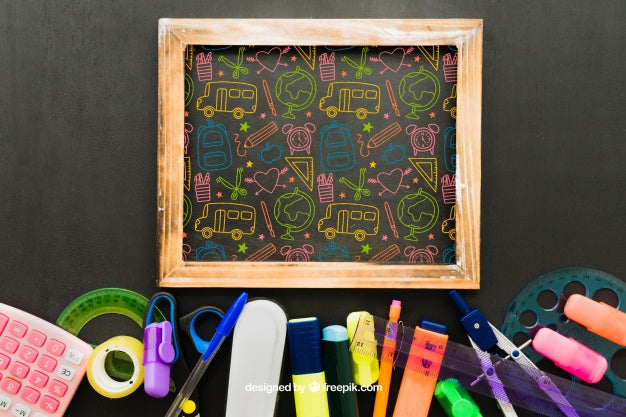 Free Colorful Drawing On The Blackboard And School Material Psd