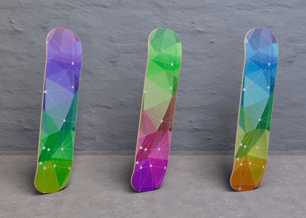 Free Colourful Mock-Up Skateboards Standing Psd