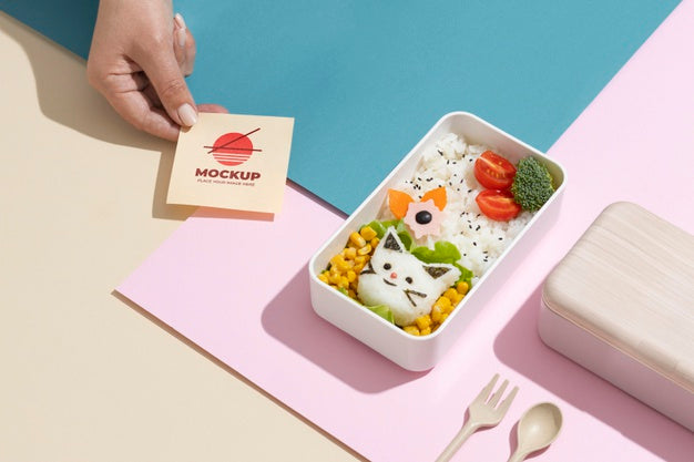 Free Composition Of Bento Box With Mock-Up Card Psd