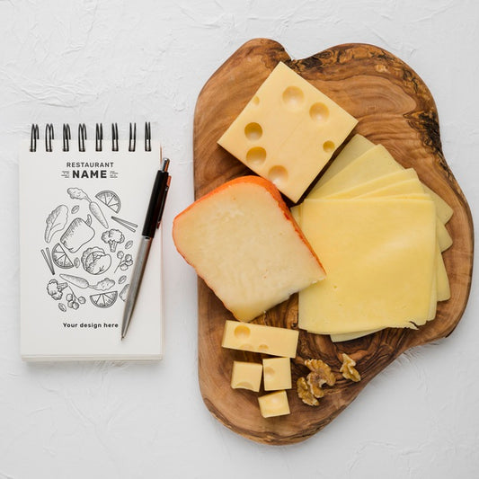 Free Composition Of Delicious Cheese With Notepad Mock-Up Psd