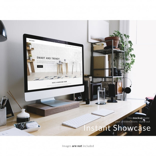 Free Computer On Office Desktop Mock Up Psd