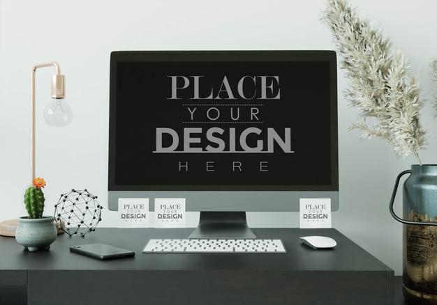 Free Computer On Table In Work Space Mockup Psd