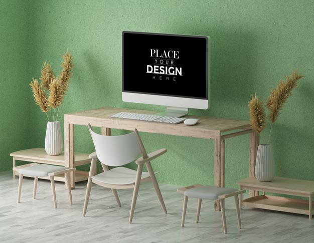 Free Computer On Table In Work Space Mockup Psd