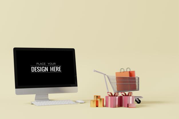 Free Computer On Table In Work Space Mockup Psd