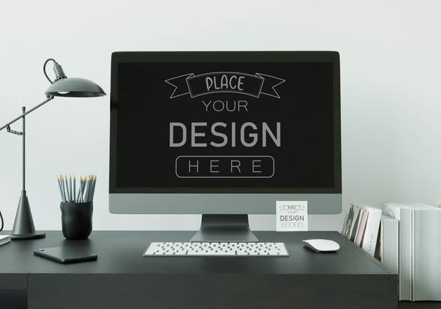 Free Computer On Table In Work Space Mockup Psd