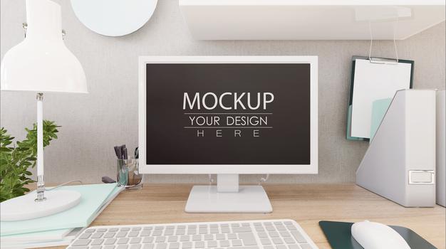 Free Computer On Table In Work Space Mockup Psd