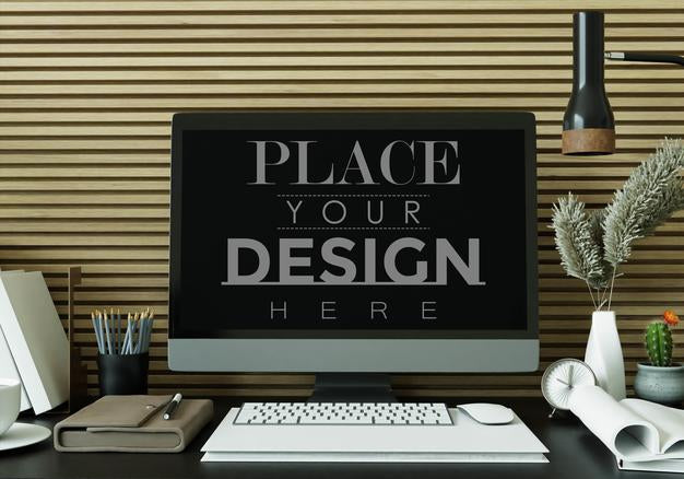 Free Computer On Table In Work Space Mockup Psd