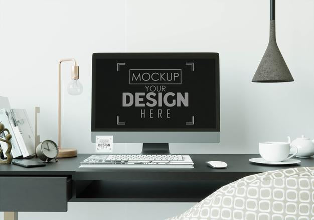 Free Computer On Table In Work Space Mockup Psd