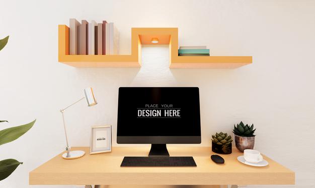 Free Computer On Table In Work Space Mockup Psd