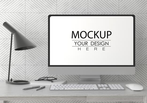 Free Computer On Table In Work Space Psd Mockup Psd