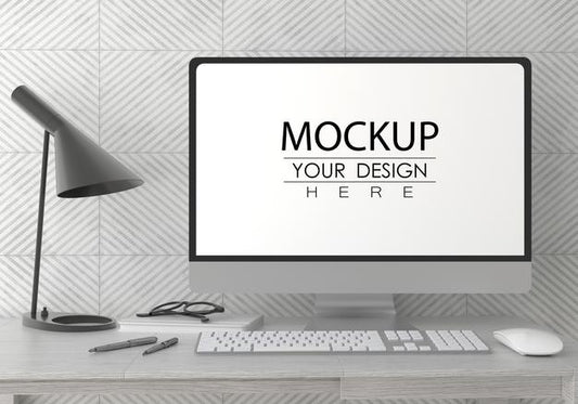 Free Computer On Table In Work Space Psd Mockup Psd