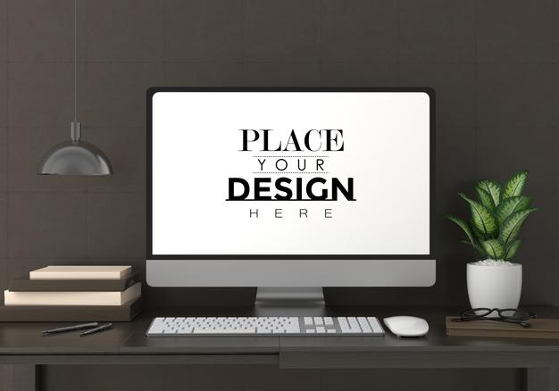 Free Computer On Table In Work Space Psd Mockup Psd