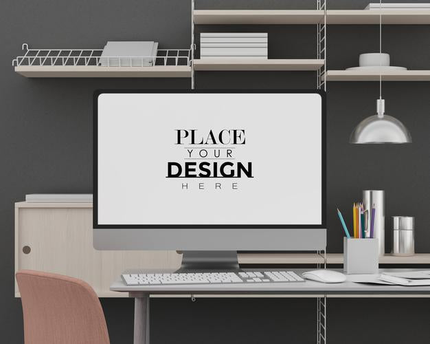 Free Computer On Table In Work Space Psd Mockup Psd