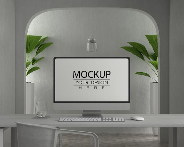 Free Computer On Table In Work Space Psd Mockup Psd