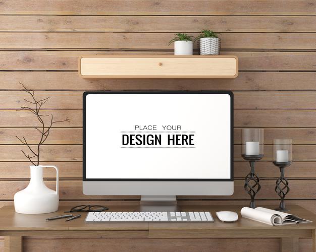 Free Computer On Table In Work Space Psd Mockup Psd