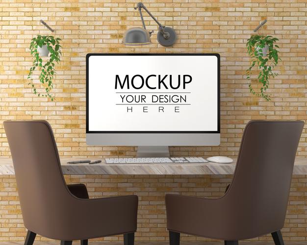 Free Computer On Table In Work Space Psd Mockup Psd