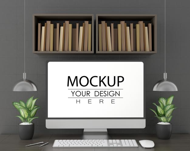 Free Computer On Table In Work Space Psd Mockup Psd